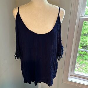 Navy scoop neck, cold shoulder top. Plus size, 3X.